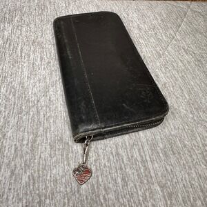 VTG Coach Black Leather Zip Wallet Heart Charm Compact Clutch Blue White Ticking